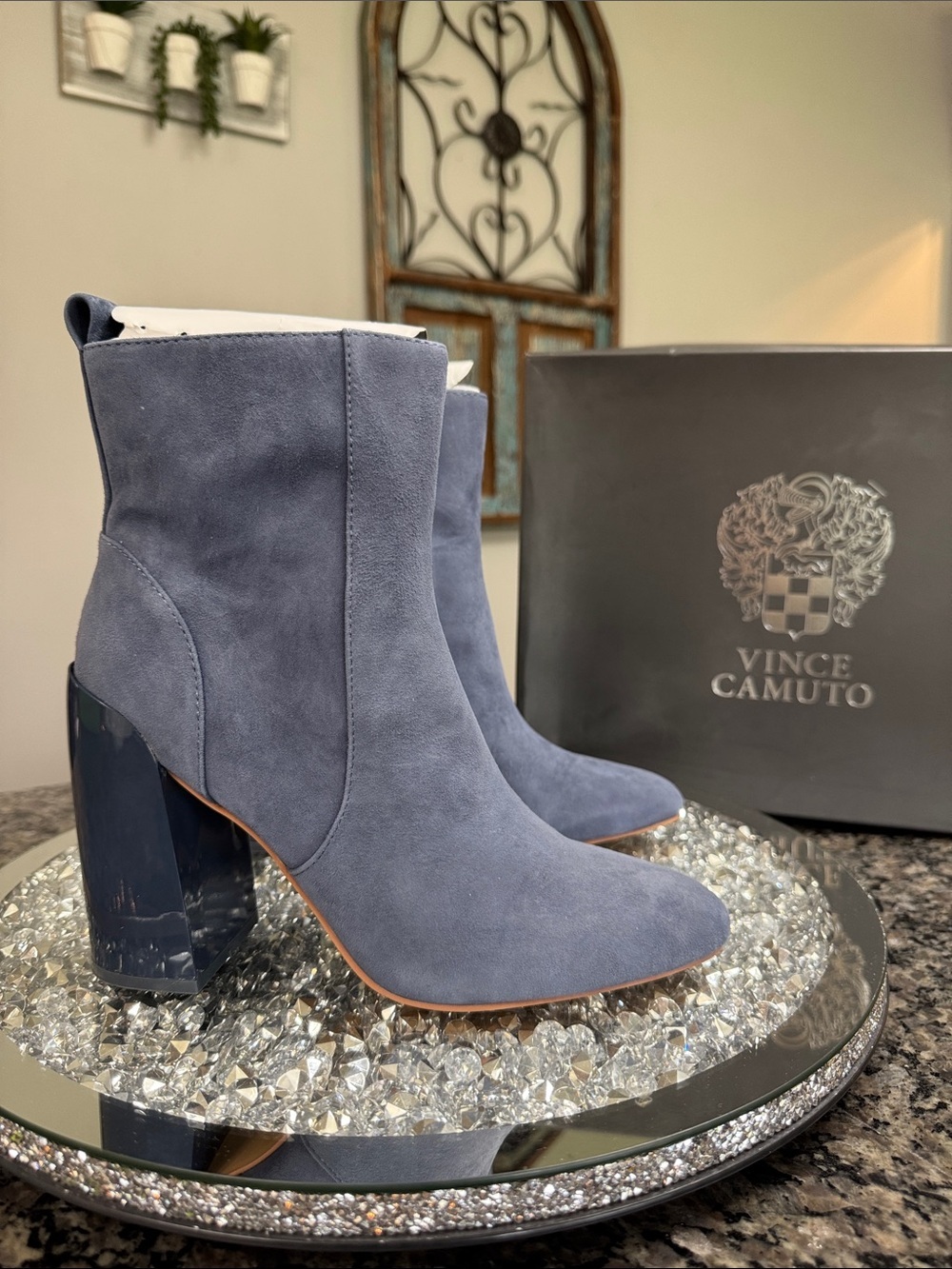 Vince Camuto Dusty Blue Suede leather Block Heel Ankle Boots NEW 7.5